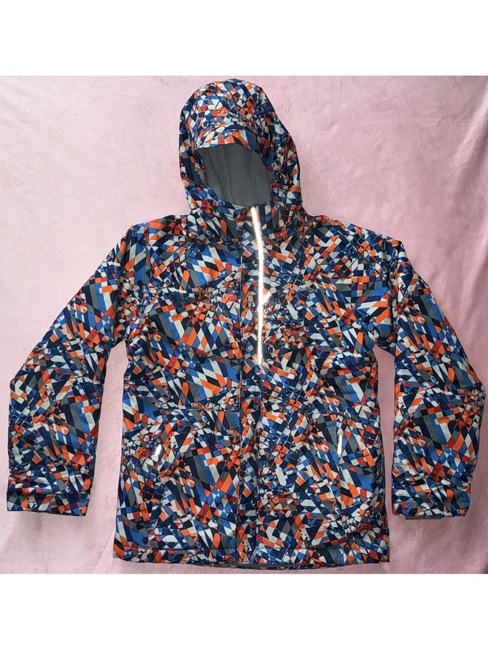 Columbia Interchange Geometric Print Winter Jacket Blue Orange Sz M Omni-Heat